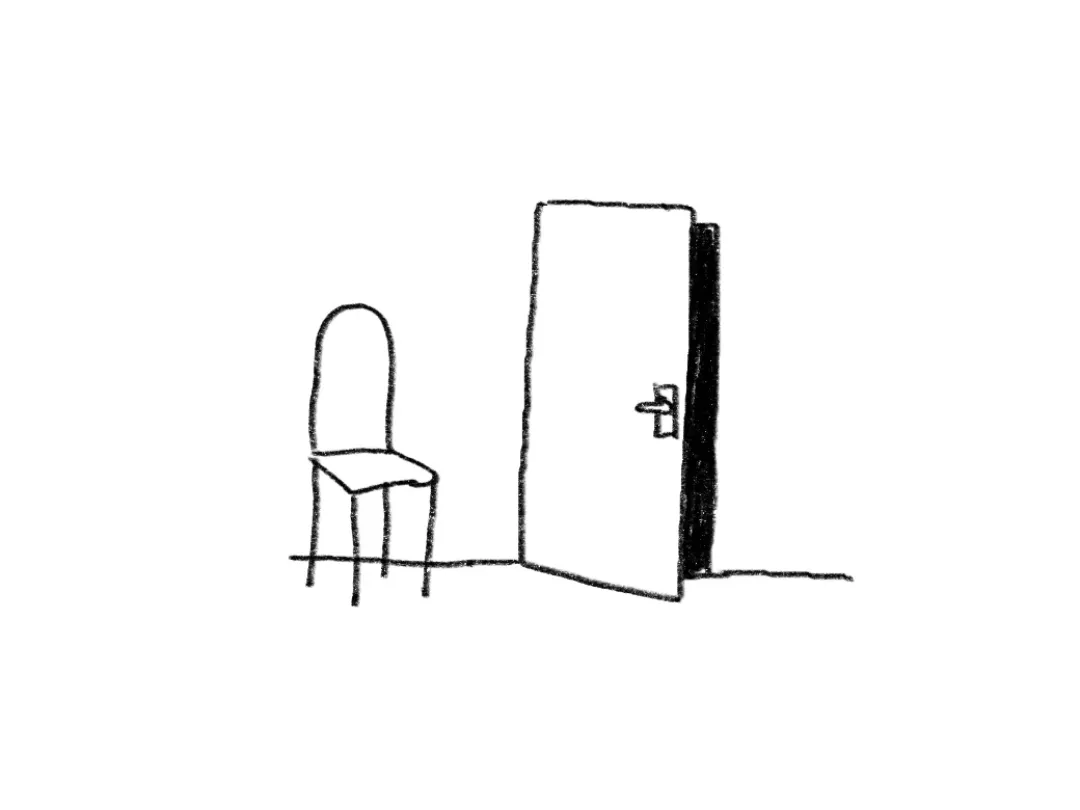 Tekening van deur op een kier met een stoel