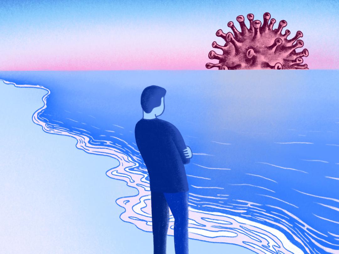 Illustratie: man kijkt naar horizon met covid-virus als zonsondergang