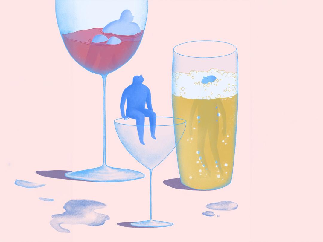 Illustratie van een mensen in en op wijn- en bierglazen