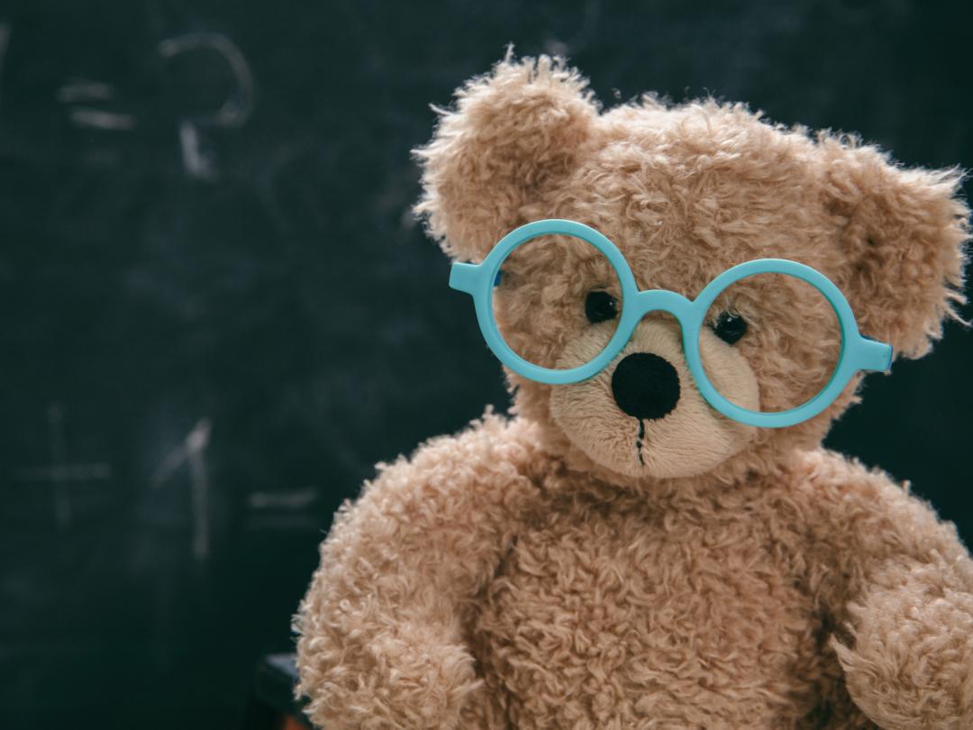Teddybeer met een brilletje voor een schoolbord.