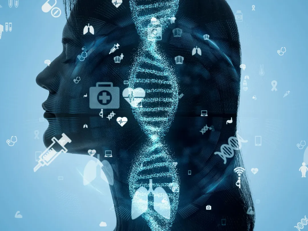 Illustratie van profiel van vrouw met DNA-string erin