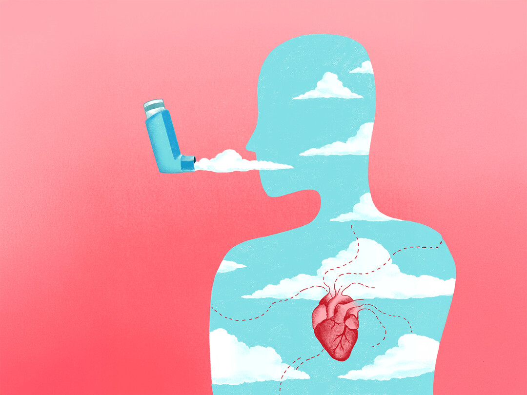 Silhouet van een mens gevuld met wolken die een inhaler inhaleert.