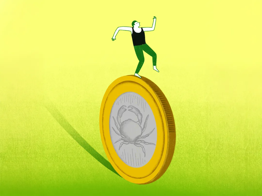 Illustratie van een poppetje wat balanceert op een rollend eurostuk. Op dit eurostuk staat de krab, het teken van kanker, afgebeeld.