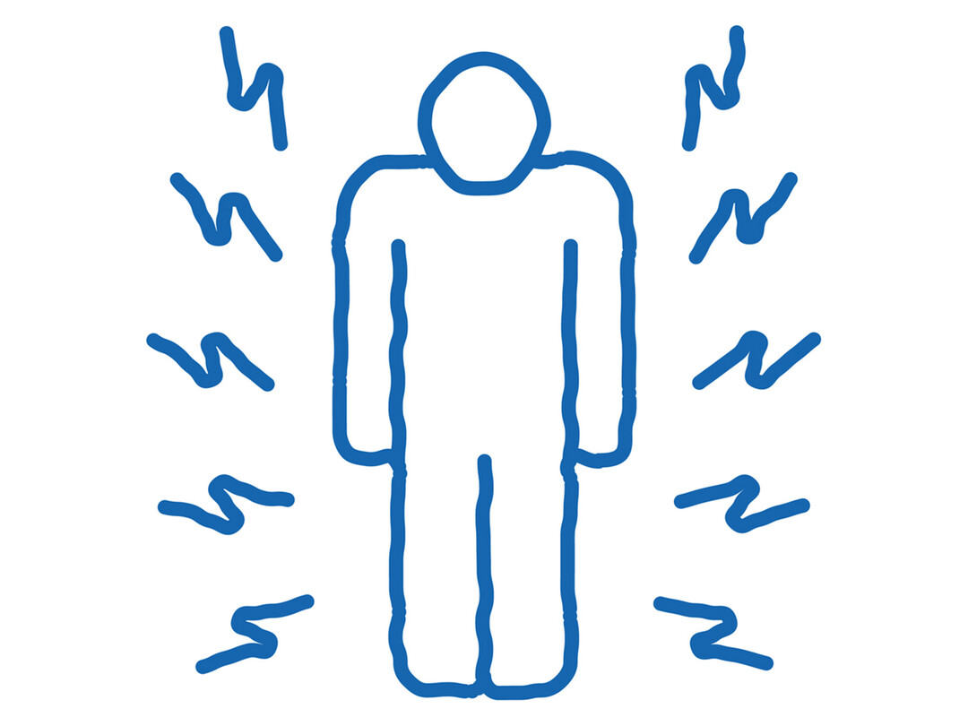 Illustratie van poppetje met allemaal elektrische volt-schokjes om zich heen.