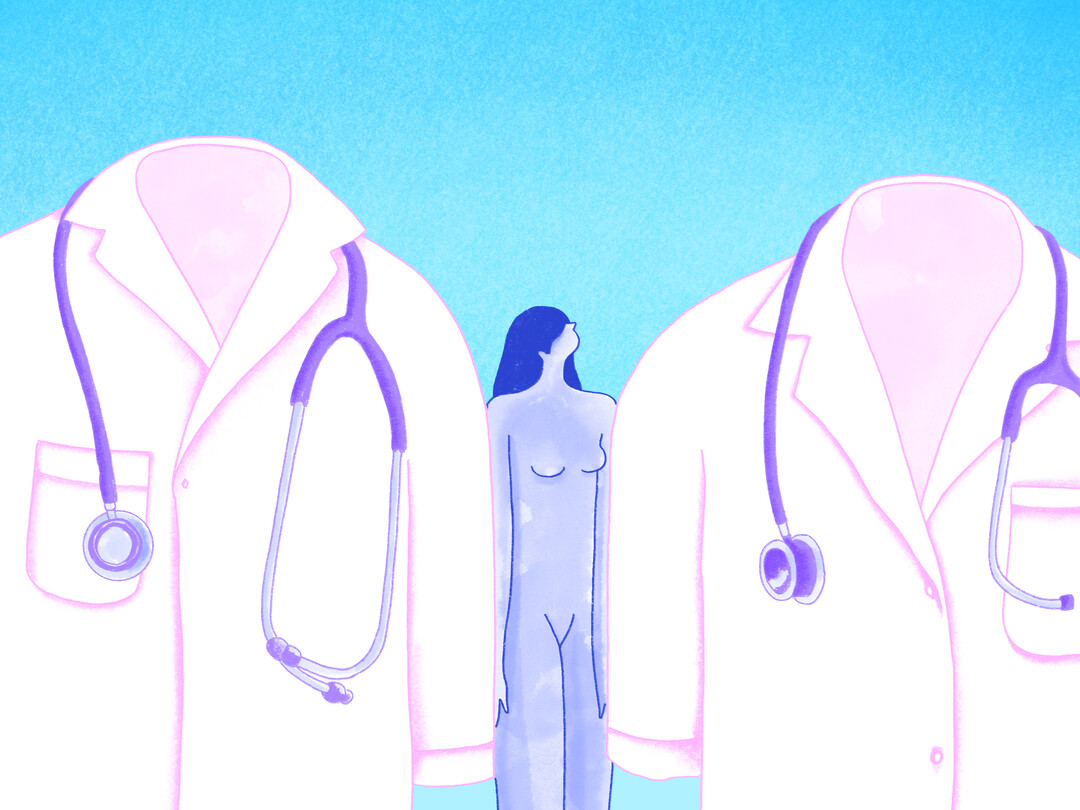 Illustratie van doktersjassen met daar tussenin een vrouw