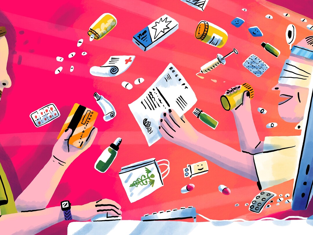 arts die uit computerscherm komt en recept voorschrijft