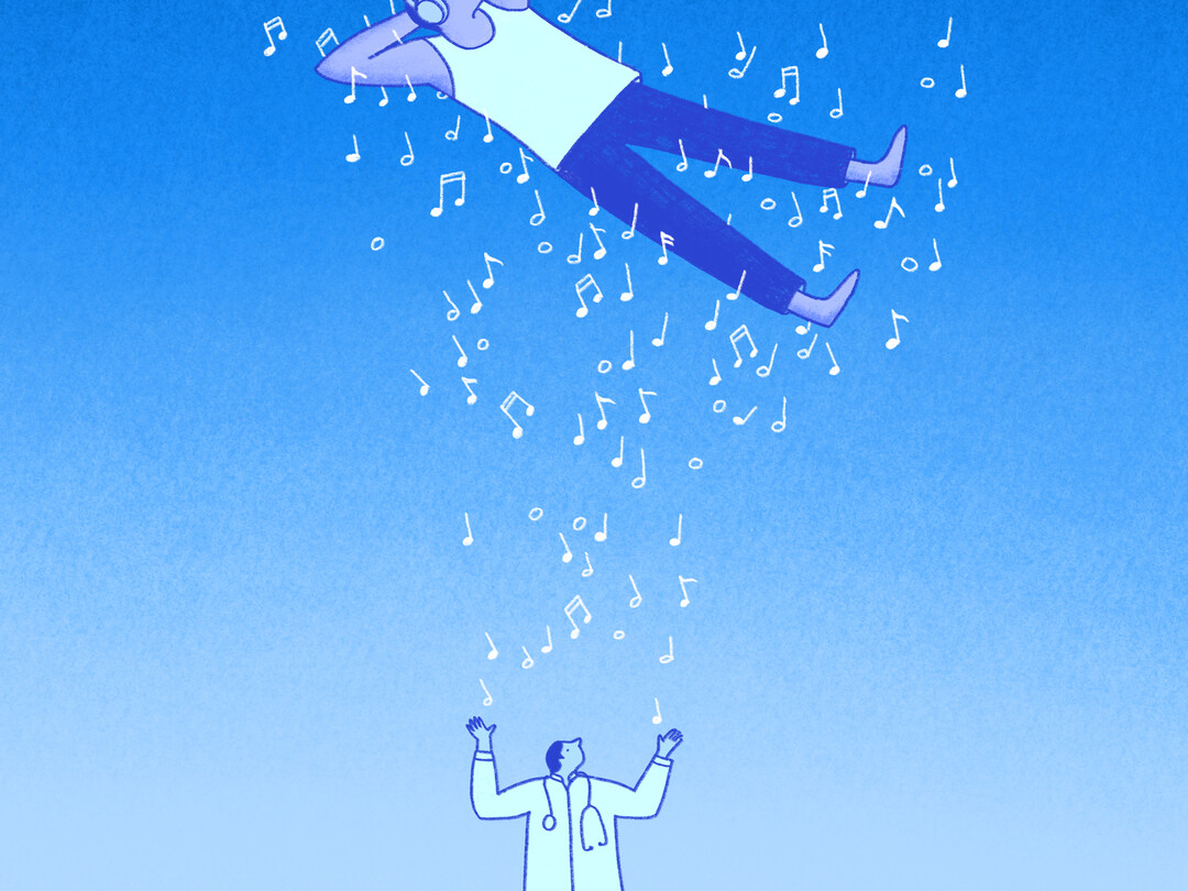 Illustratie van iemand die omhoog zweeft op muziekoten