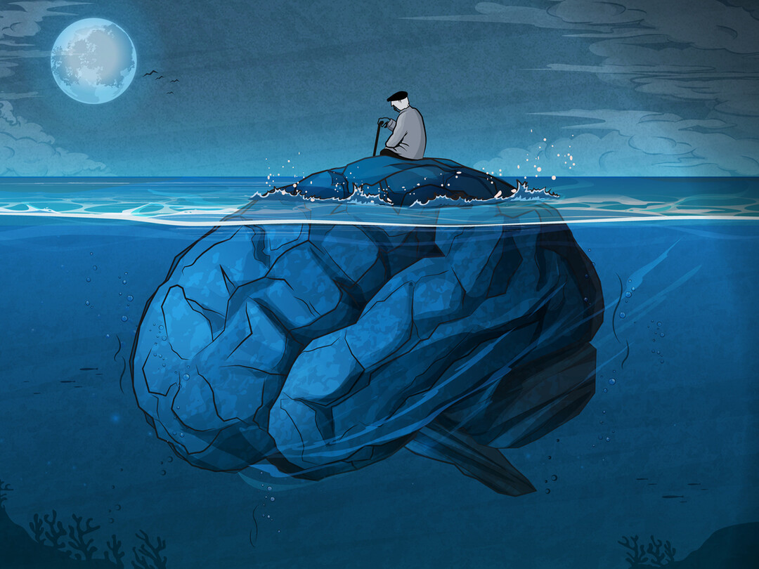 Illustratie: hersenen als een eiland dat deels onder water is