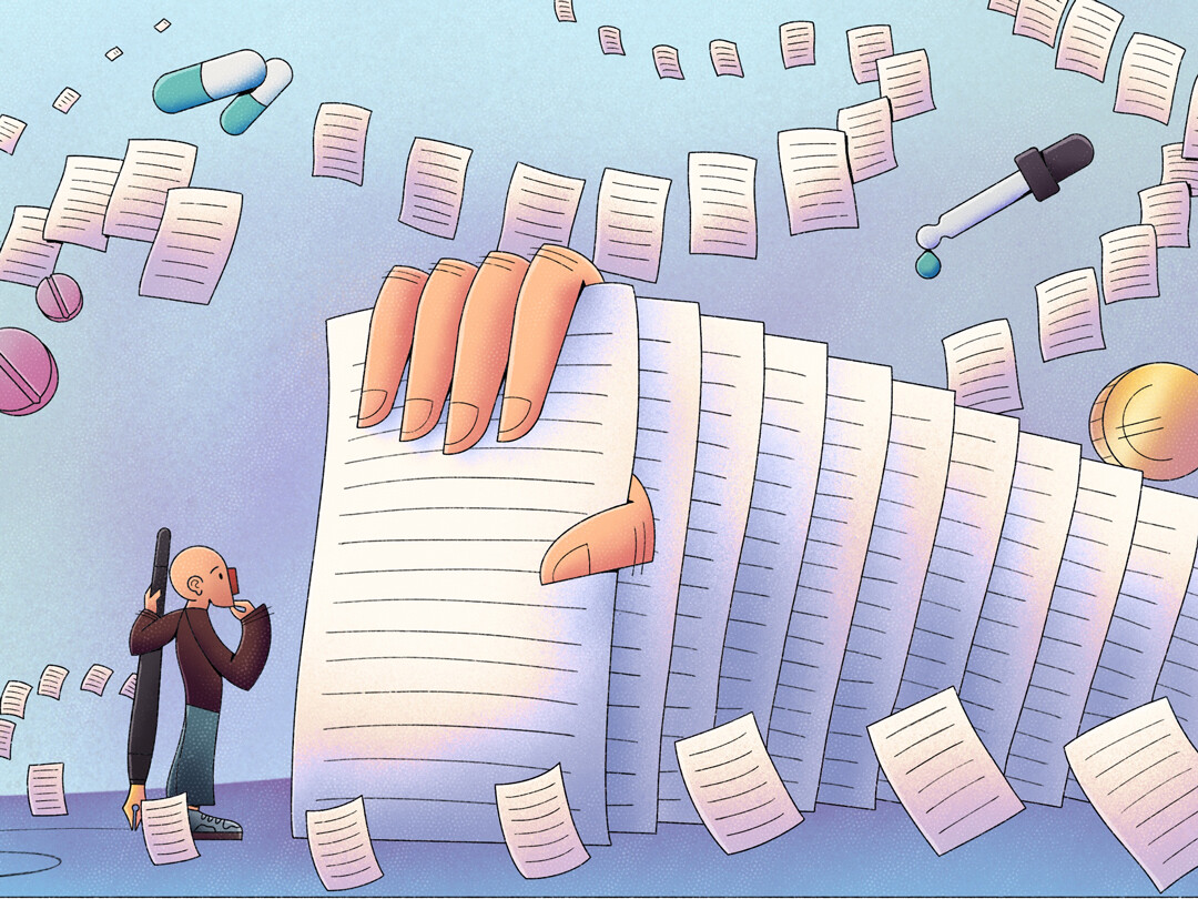 Illustratie van iemand die naar een grote stapel papieren kijkt