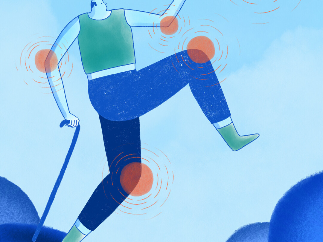 Illustratie van iemand die met een stok loopts