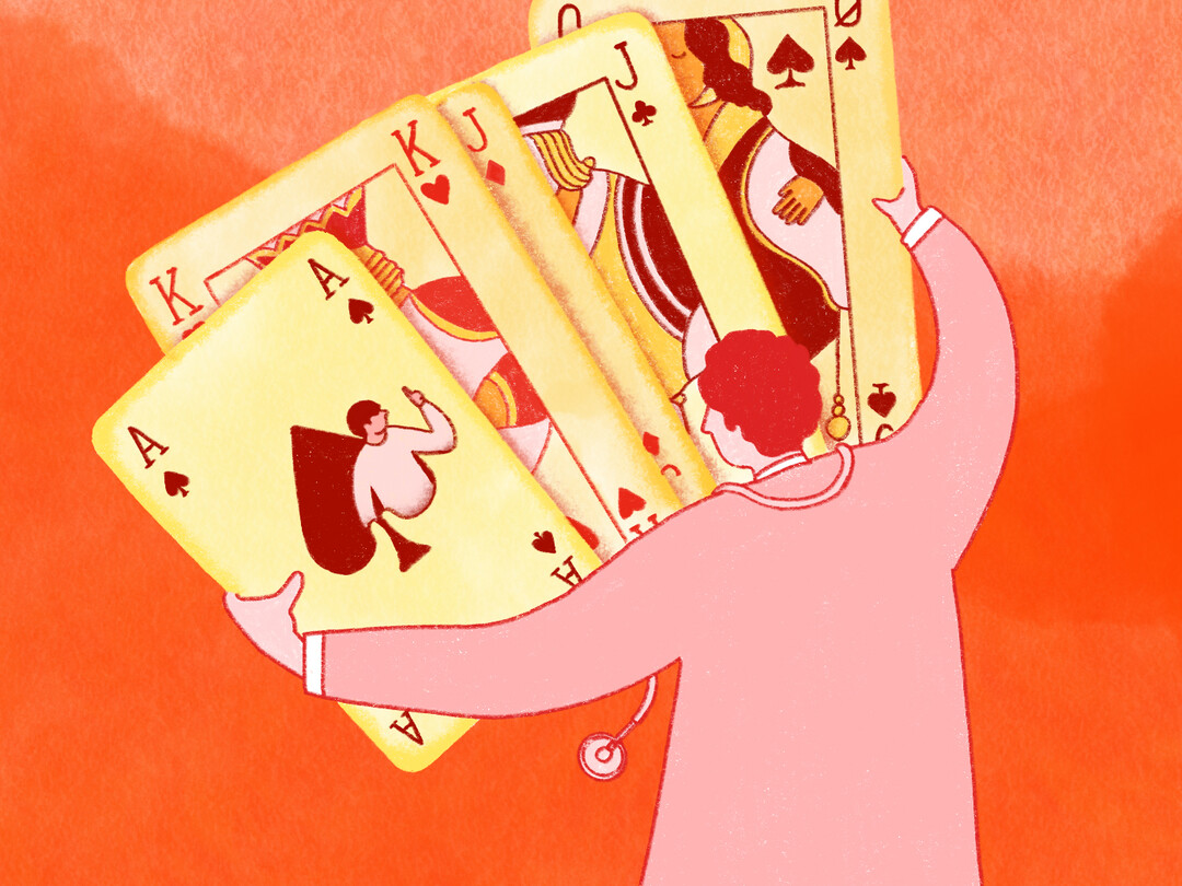 Illustratie van iemand met een grote stapel kaarten