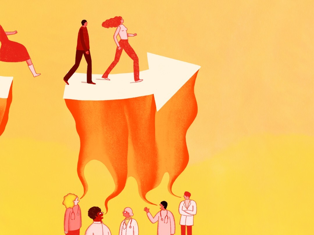 Illustratie van mensen die een richting opgestuurd worden