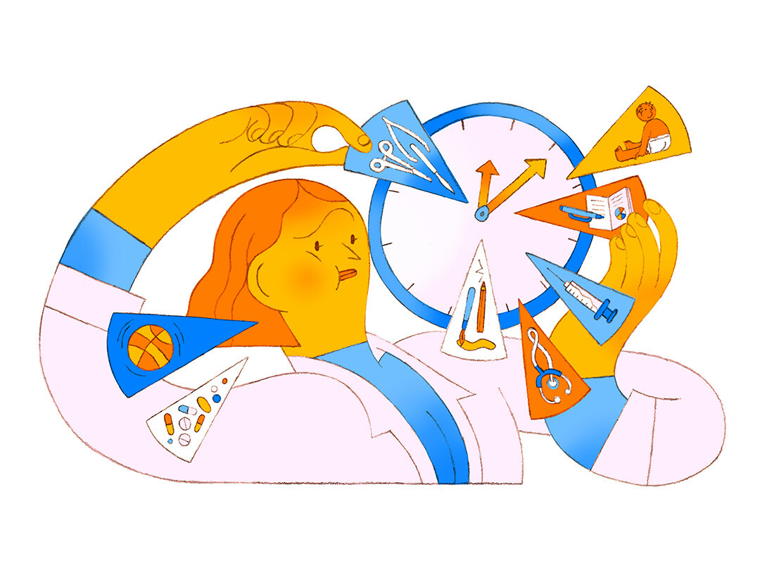 Een kleurrijke illustratie van een zorgverlener die puzzelstukken met symbolen voor werk, gezin en vrije tijd in een klok probeert te passen om de werk-privébalans te verbeelden.