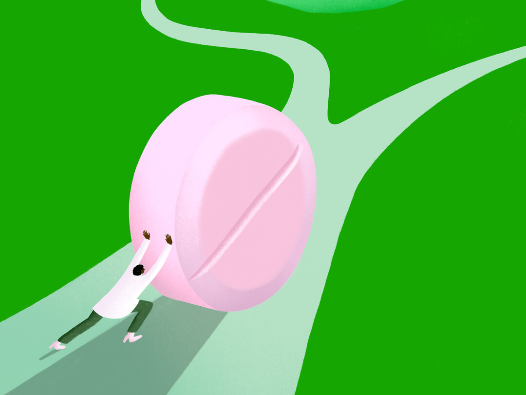 Illustratie van iemand die een pil voor zich uitduwt