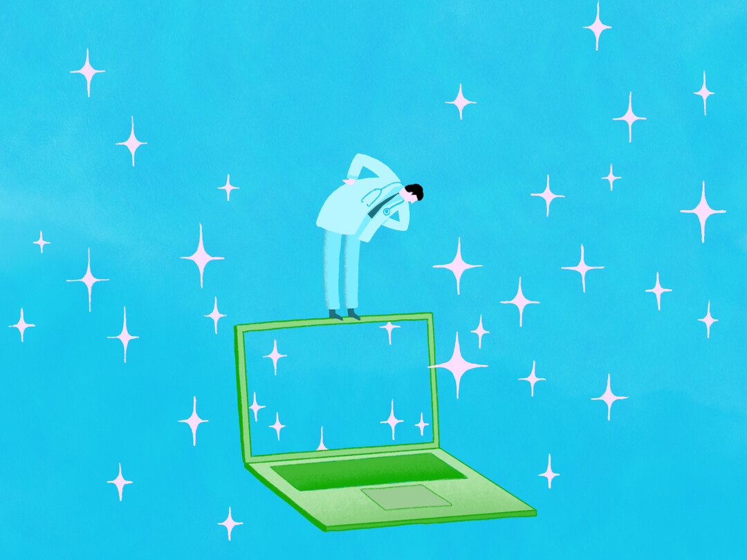 Illustratie: Laptop met hologram en sterren