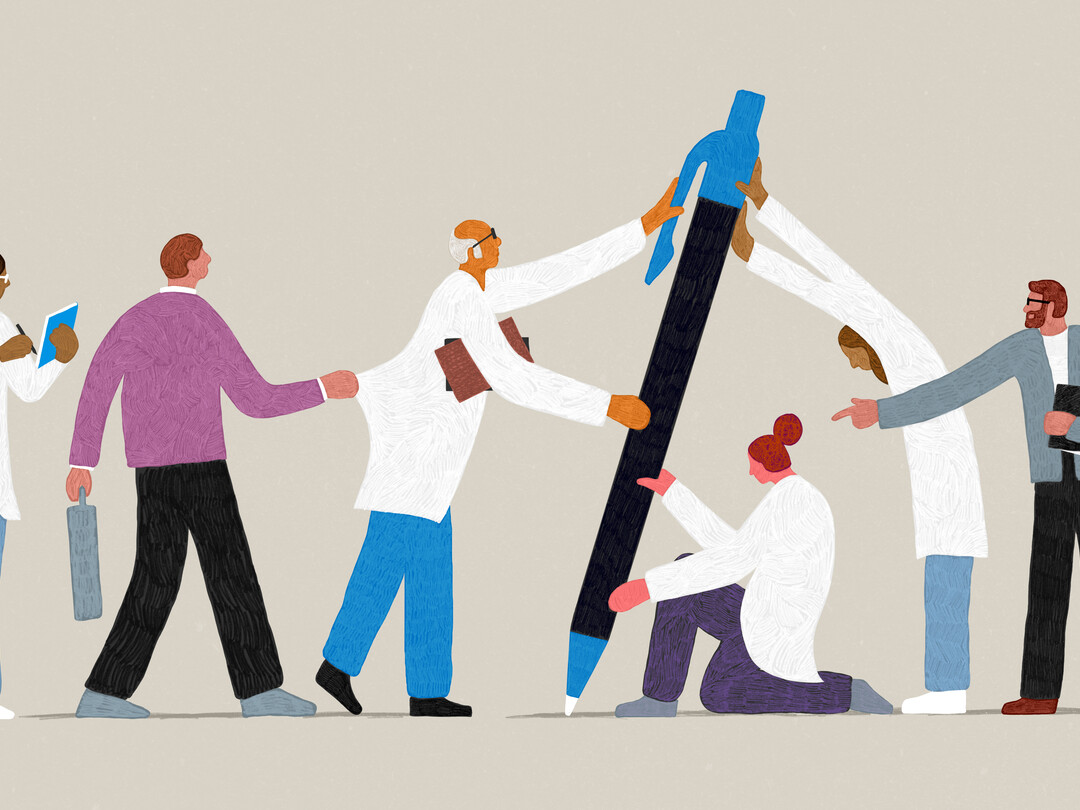Illustratie van artsen rondom een levensgrote pen