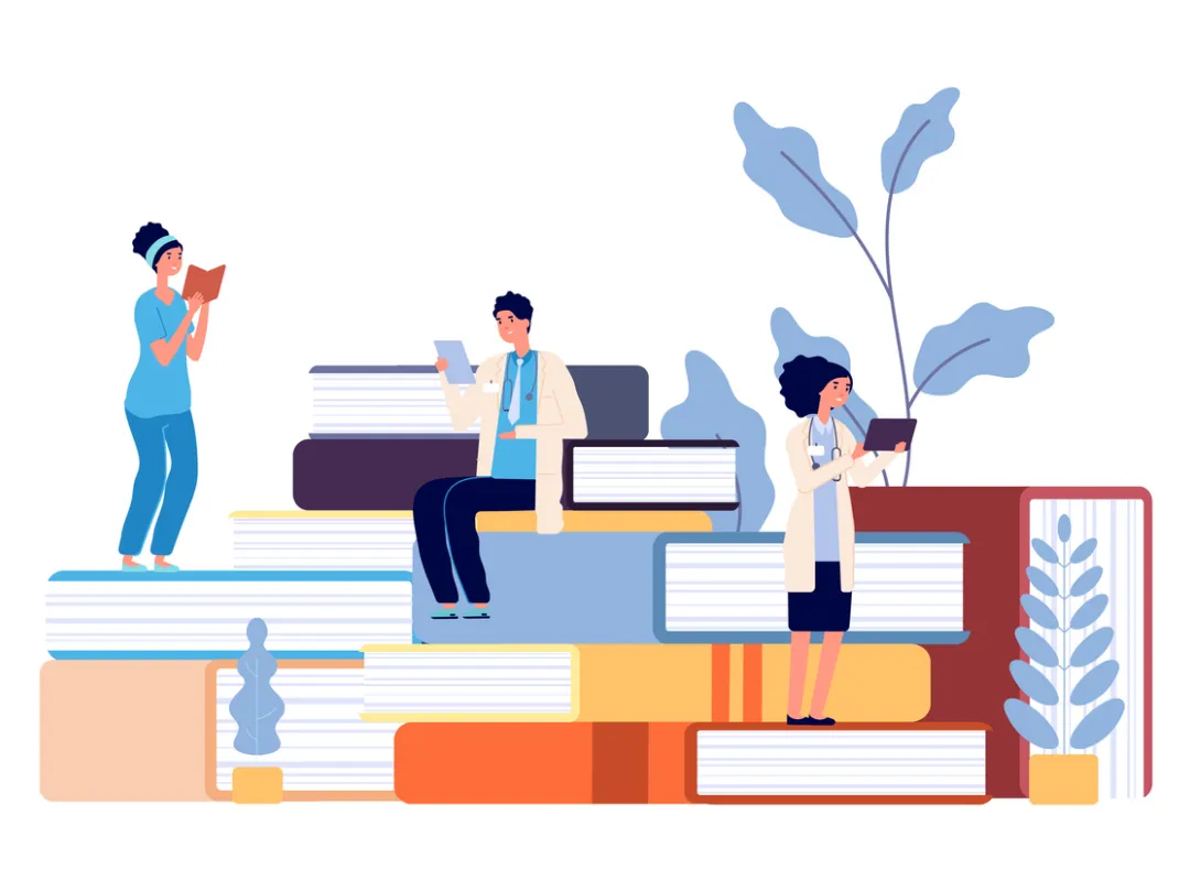 Illustratie van mensen die op boeken staan