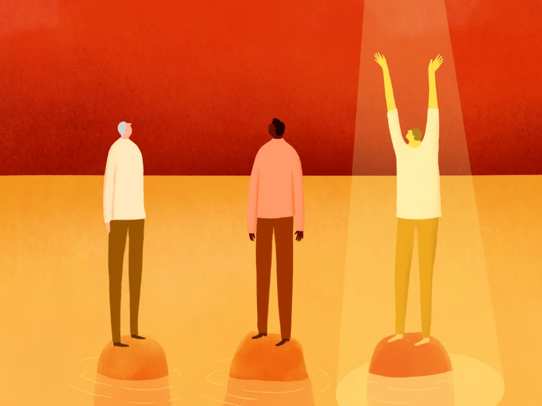 Illustratie van 3 mensen waarvan er eentje in de spotlight staat