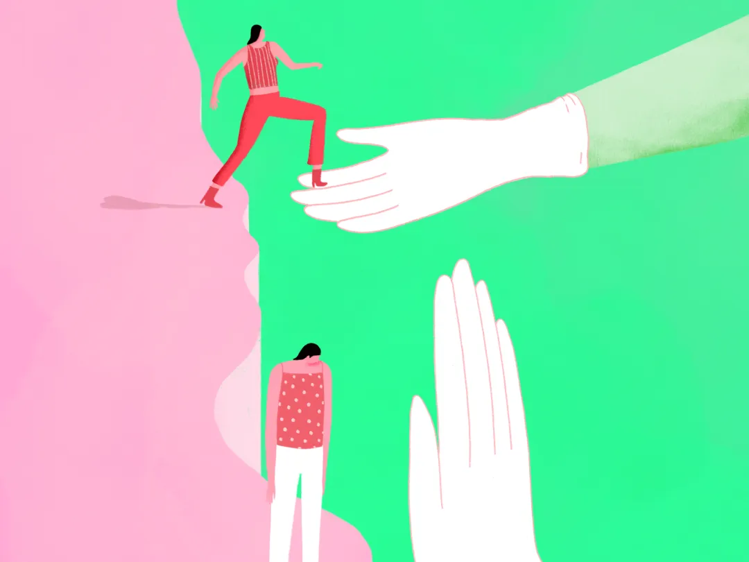 Een illustratie: mensen die elkaar helpen, handen die ondersteuning en samenwerking symboliseren.