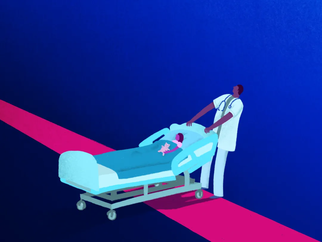 Illustratie van ziekenhuisbed wat over een grens getrokken wordt