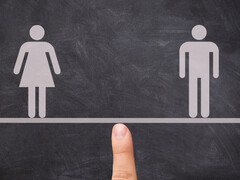 Een weegschaal met een vrouw links en een man rechts