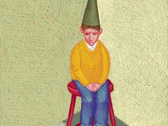 Illustratie van een kind, zitten op een kruk in een hoek van een kamer. Hij draagt een puntmuts.