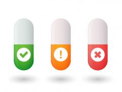 Zie pillen met op onderste deel een vinkje uitroepteken en kruis