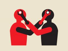 Illustratie van twee figuren tegenover elkaar. Ze raken elkaars hoofd aan. Hun armen hebben de vorm van een moersleutel.