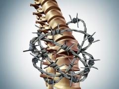 Illustratie van een wervelkolom gewikkeld in prikkeldraad.