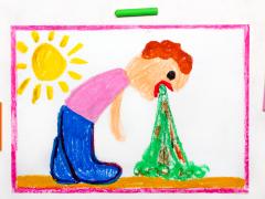 Een kindertekening van een brakend persoon.