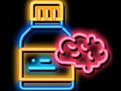 Een medicijnflesje en een brein in neon.