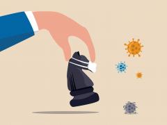 Illustratie van een paard uit het schaakspel. Het stuk heeft een mondkapje op.