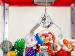 Een grijpmachine grijpt naar een capsule met pillen.