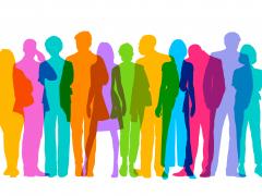 Illustratie van overlappende silhouetten van verschillende mensen in verschillende kleuren.