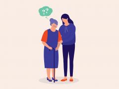 Illustratie van een oude vrouw met een wandelstok. In een gedachteballon staan vraagtekens. Ze wordt aan haar arm begeleid door een jonge vrouw.