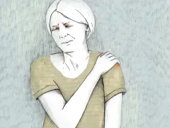 Illustratie van een vrouw met een gepijnigd gezicht. Ze heeft haar hand op haar eigen schouder gelegd.