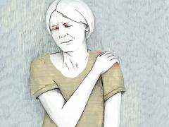 Illustratie van een vrouw met een gepijnigd gezicht. Ze heeft haar hand op haar eigen schouder gelegd.