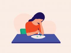 Illustratie van iemand die prikt in eten op een bord.