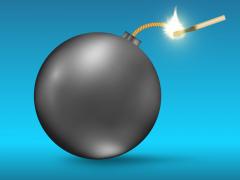 Digitale illustratie van een bom waarvan de lont wordt aangestoken met een lucifer.