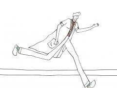 Illustratie van een rennende man in doktersjas.