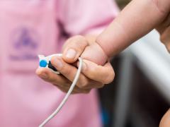 Een volwassene houdt kinderhandje vast