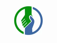Groene en blauwe hand die elkaar schudden