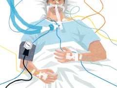 Illustratie van een patiënt gekoppeld aan infusen en beademing