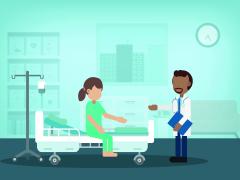 Illustratie van een patiënt in bed met dokter ernaast