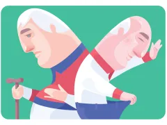 Illustratie van twee mannen die in hun broek kijken