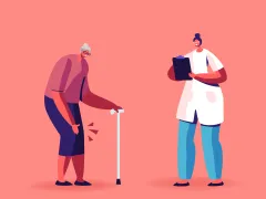 Illustratie van oude man met stok met zorgverlener