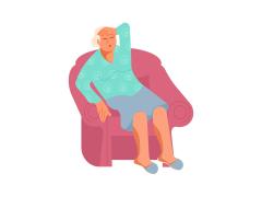 Illustratie van een vermoeide oude dame zittend in een stoel