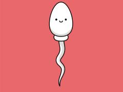 Tekening van een spermatozoïde met een lachend gezichtje