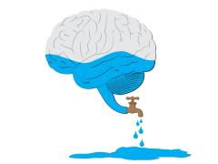 Een illustratie van hersenen waar water via een kraantje uitloopt
