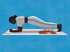 Illustratie van een vrouw die een plakoefening doet op een biljet van 10 euro